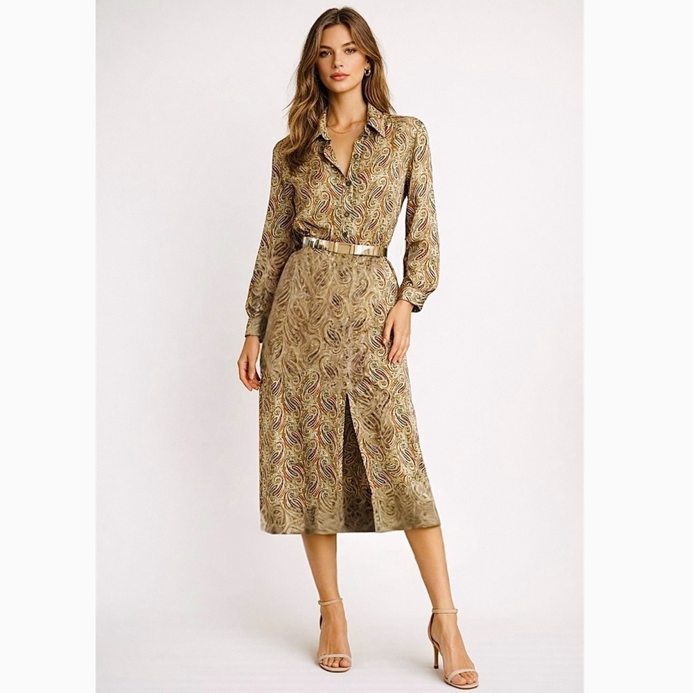 Vintage Elegant Print Paisley Midi Dress Size 12- measurements provided